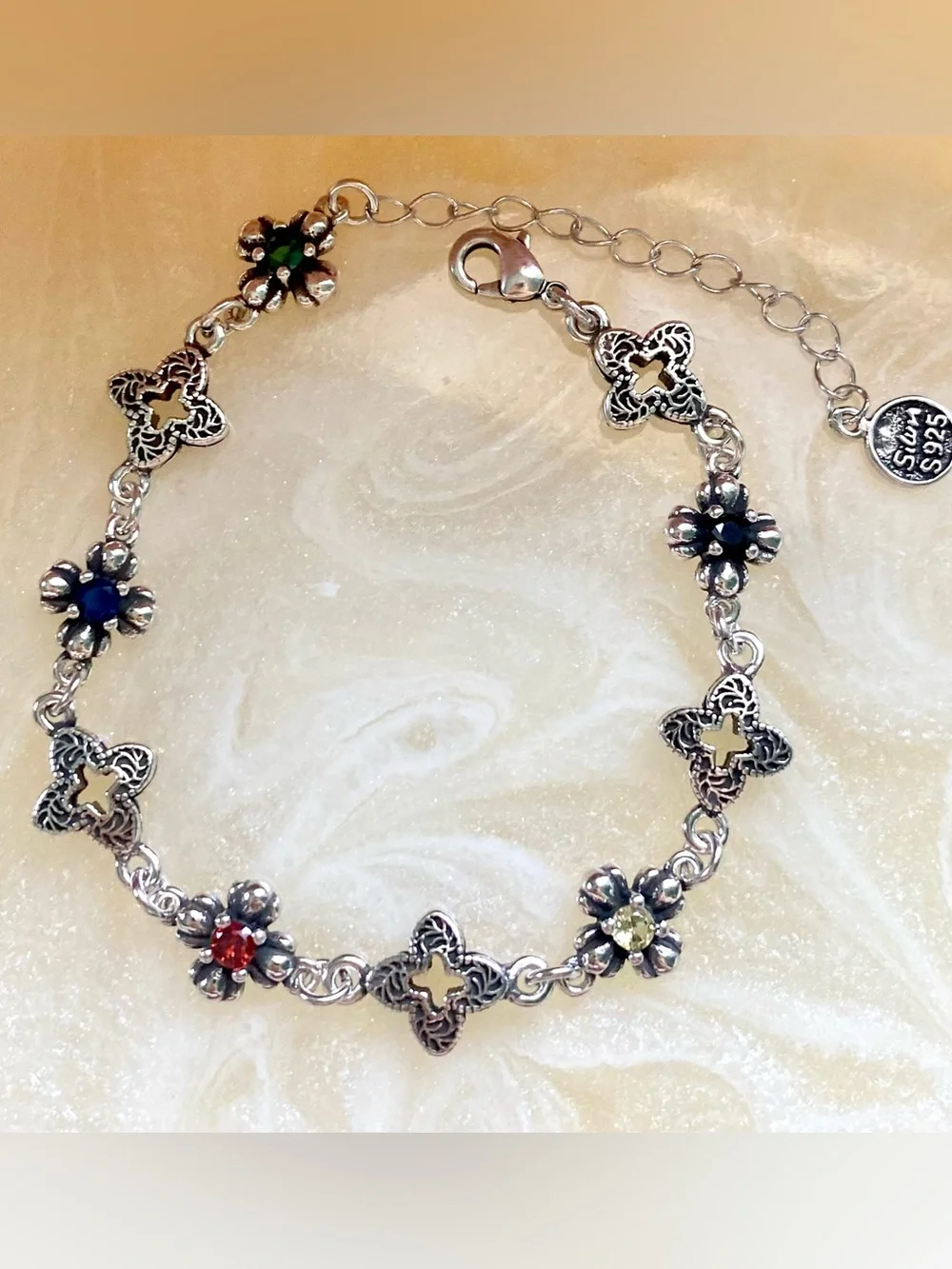 Sterling Silver Floral Multi-Gem Bracelet in Green, Red, Yellow, and Blue - Picture 1 of 5